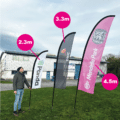 Feather flag size guide showing available heights and widths.
