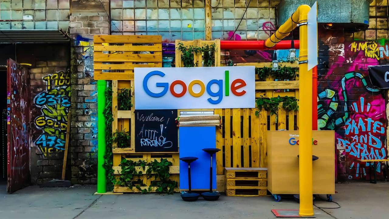 A small and colourful Google exhibition stand in the street