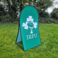 Pitch pop up sign with custom branded print for events.