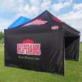 Pop up gazebo with branded side panels and roof print.