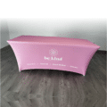 Stretch fabric branded table cover assembled at trade show.