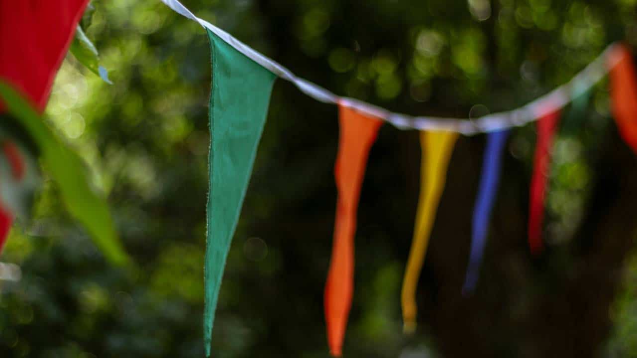 Colourful festive decorations made out of old banners