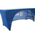 Custom branded stretch table cover at a corporate event.