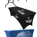 Stretch fabric table cover showing branded print quality.