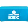 Branded tablecloth with printed logo for event display.
